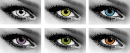 In omaggio lenti a contatto cosmetiche colorate verde chiaro e scuro, blu chiaro e oceano, viola, grigio perlato, ambra, cioccolato e miele